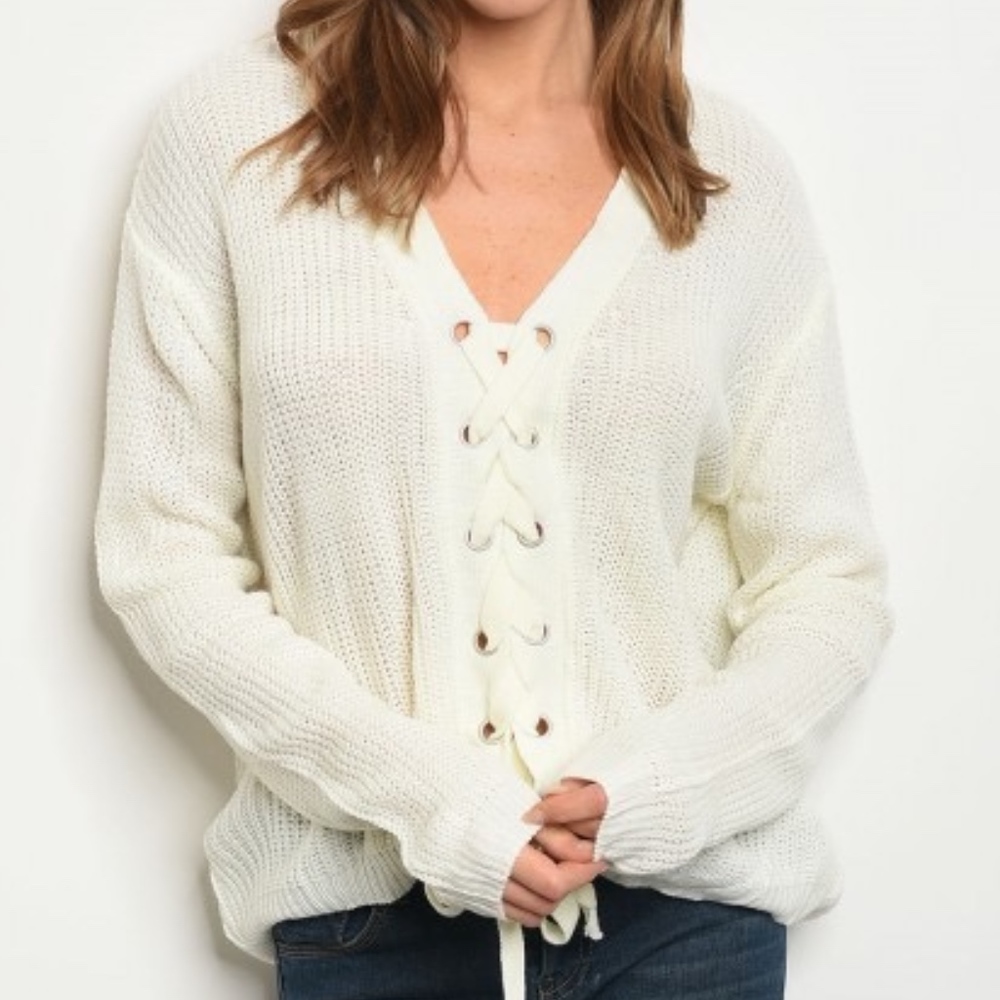 LAST 1! Ivory light weight knit lace up sweater - Picture 1 of 4